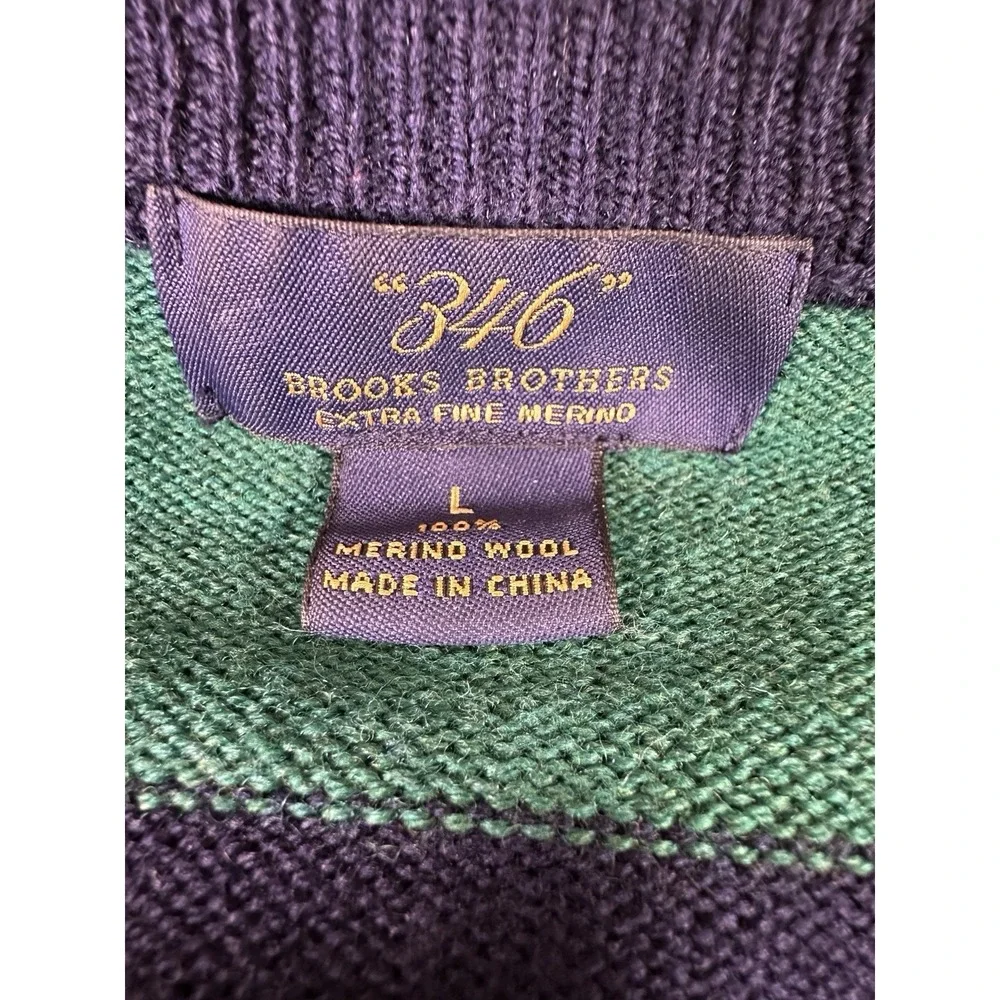 Brooks Brothers 346 Men Sweater LARGE Merino Wool Blue Green Stripe Crew Neck